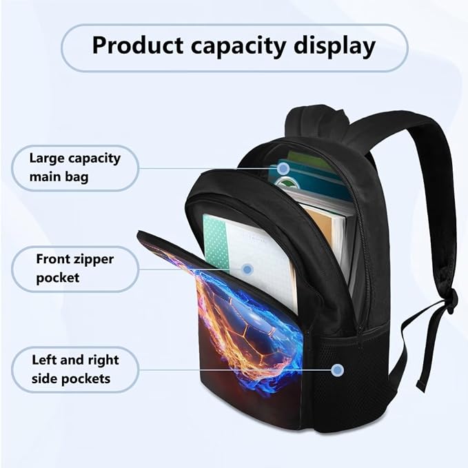 4 in 1 School Bags Kids Backpack Set with Insulated Lunch Box Bag Pencil Pouch Water Bottle Bag Preschool Primary Middle School School Supplies Kit for Sports Hiking, Football Flame Print - Image 2