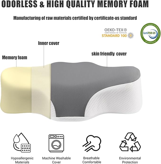 Bespilow Travel Cervical Pillow for Bed Sleeping, Small Memory Foam Neck Pillow with Cooling Washable Cover, Compact Ergonomic Neck Support Pillows for Car Camping, RV, Road Trip & Passenger Seat - Image 3