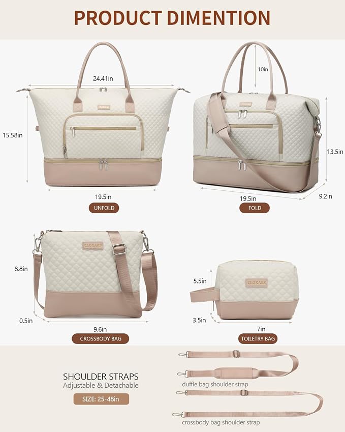 Weekender Bags for Women, Travel Duffle Bag Carry On Overnight Bag with Cosmetics Bag and Crossbody Purse for Gym Hospital, Gifts for Women, Beige Pink - Image 3