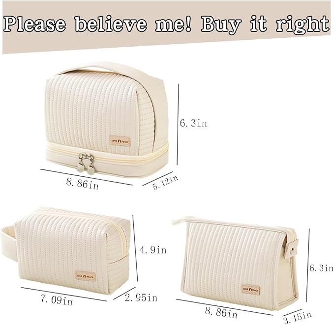 3-Piece Cute Cosmetic Bag Set - Waterproof Leather Makeup & Toiletry Organizer with Handles & Zipper, Travel-Friendly Women's Bags (Off-White) - Image 3