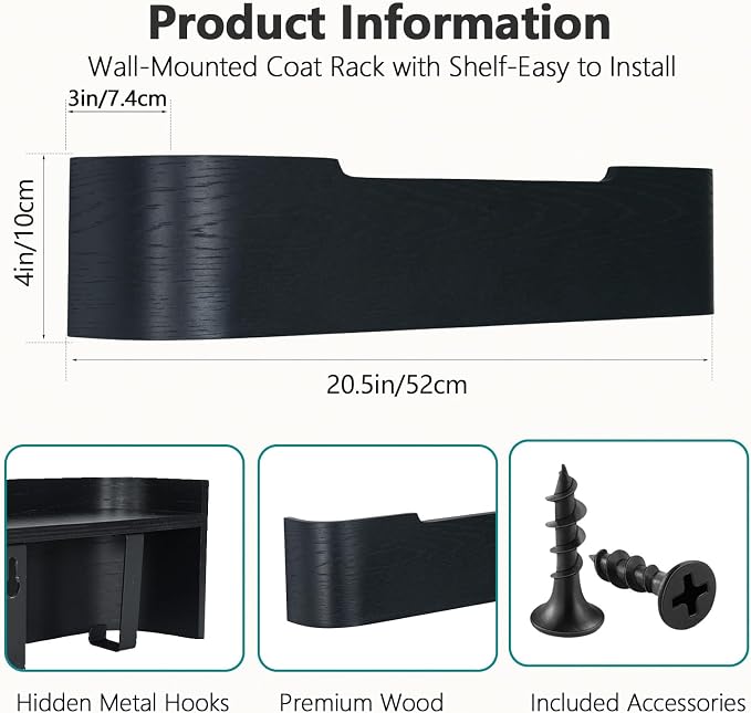 Coat Rack Wall Mount with Shelf 5 Hidden Hooks Modern Wooden Key Holder Entryway Organizer for Hallway Bedroom Bathroom Home Decor Storage for Hanging Coats Hats Bags Towels, Black - Image 3