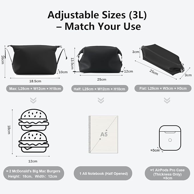 Vomgomfom 3L 6.5 Inch Silicone Toiletry Bag, Waterproof Leakproof Travel Cosmetic Organizer, Adjustable G-Buckle Compression Dopp Kit, Foldable Makeup Bag for Women & Men, Black - Image 4