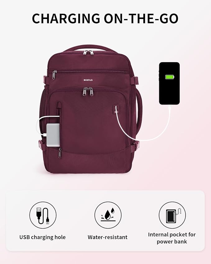 ECOHUB Travel Backpack for Women, 18x14x8 Frontier Airlines Personal Item Bag with Clear Toiletry Bag, Laptop Carry on Backpack with USB Port, Airline Approved Under Seat 14 Pockets 30L, Red - Image 7