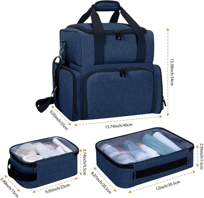 Large Makeup Bag Double Layer with 3 Removable Case,Blue | Large Makeup Bag with 3 Removable Case and 2 Removable Dividers Double Layer Travel Cosmetic Makeup Brushes Storage Section - Image 2
