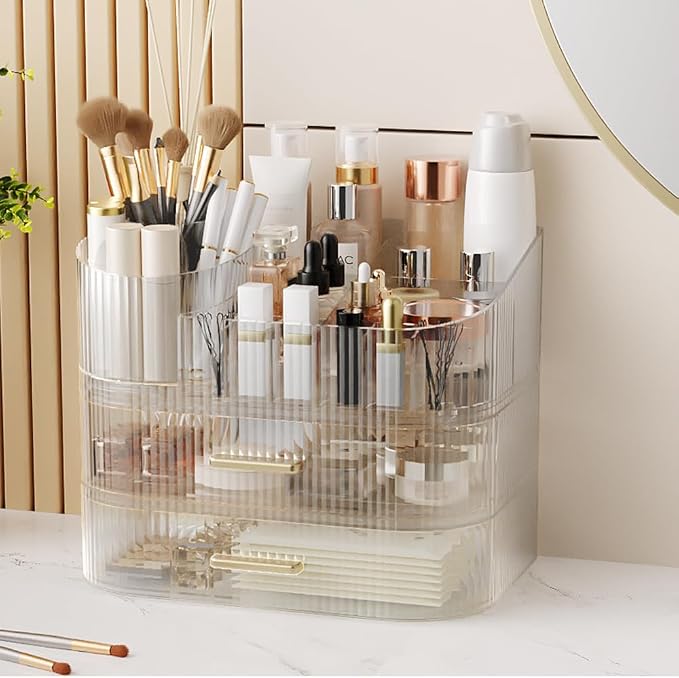 Stackable Makeup Organizer with 2 Drawers & 360° Rotating Brush Holder - 11" Large Clear Cosmetic Display Case, 9 Compartments Skincare Storage for Vanity Countertop (1 Tray + 2 Drawers) - Image 3