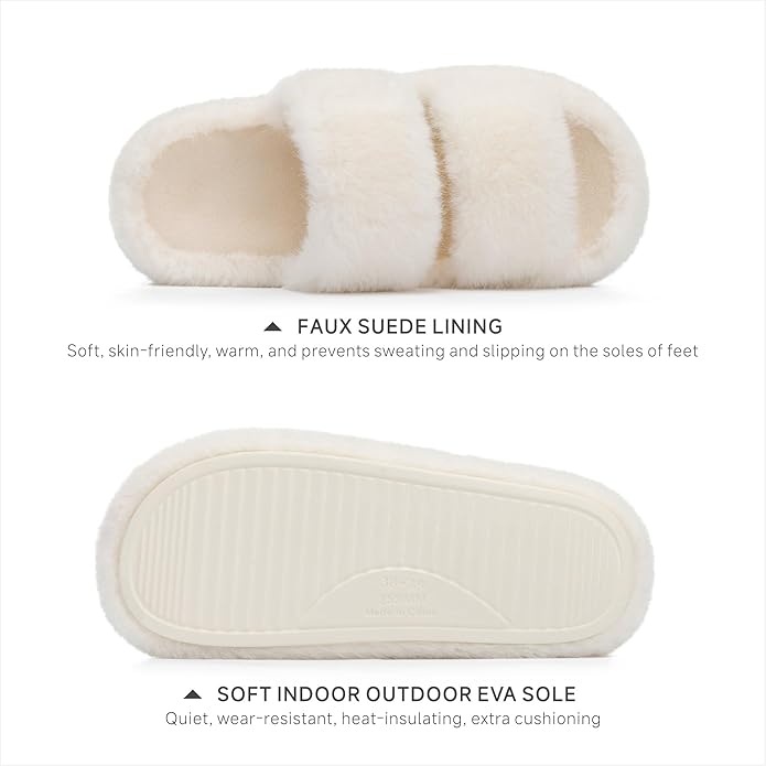Chantomoo Women's Memory Foam Fuzzy Comfy Faux Fur House Shoes - Furry Bedroom Indoor Open Toe Slippers with Two Bands - Trendy Gift Slippers