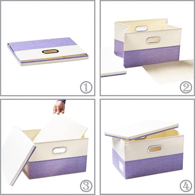 PRANDOM Collapsible Storage Bin with Lid [3-Pack] Fabric Foldable Storage Box Organizer Container Basket Cube with Cover for Home Bedroom Closet Office Nursery Purple&Cream(14.9x9.8x9.8) - Image 5