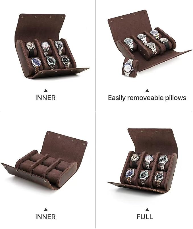 Genuine Leather Watch Roll Travel Case,Vintage Full Grain Leather Watch Box with Pillow for Men,Watch Storage Organizer for Home Storage,Travel Watch Organizer Box (6 Slots) - Image 2