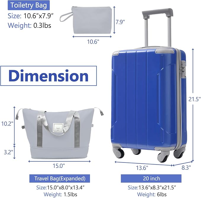 20 Inch Carry On Luggage 3 Piece Set, ABS Hard-side Lightweight Suitcase with a Travel Duffel & a Toiletry, Durable Spinner Wheels Luggage for Business Trip & Weekend Getaway, Dazzling Blue - Image 2