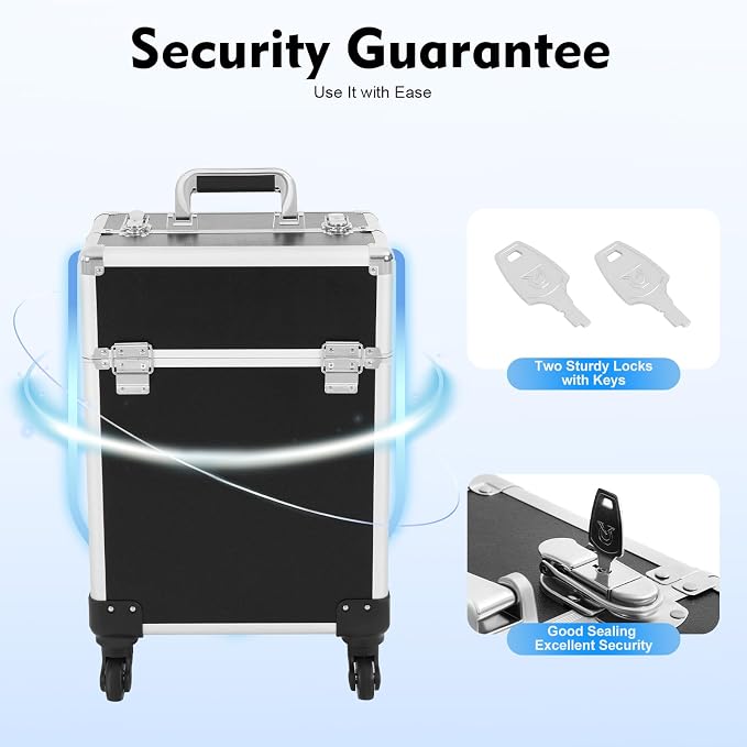 Professional Makeup Train Case, Aluminum Cosmetic Case with Silent Wheels, 4 Folded Tray & Retractable Pull Rod, 13.2Lbs Capacity Rolling Makeup Trolley Case for Travel Makeup/Nail Art/Hair Styling - Image 4