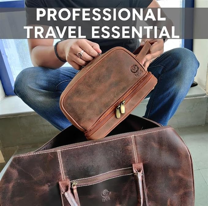 RUSTIC TOWN Leather Toiletry Bag - Waterproof Ditty Kit for Men and Women, Travel Organizer for Full-Size Essentials, TSA Approved - Image 6