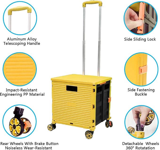 FELICON SELORSS Foldable Utility Cart Folding Portable Rolling Crate-Yellow | Durable,Heavy Duty,Plastic Box,Telescoping Handle,4 Rotate Wheels,Collapsible Handcart for Travel Shop Move Luggage Office - Image 2