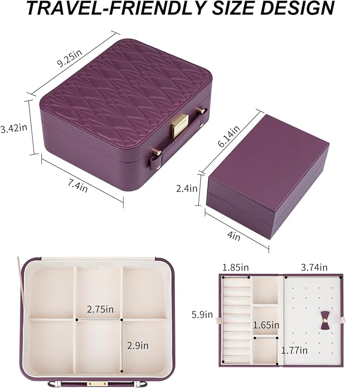 Travel Jewelry Case Large Jewelry Box Jewelry Travel Organizer Jewelry Case with Handle Removable Tray Best Gift for Women Girls (Wine) - Image 3