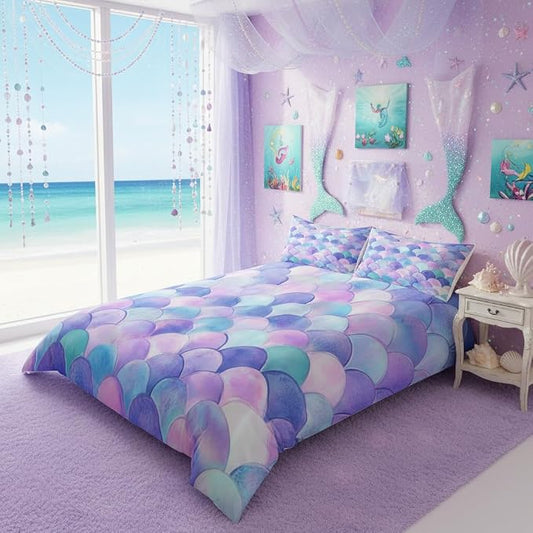 Erosebridal Girls Bedding Set Pink Purple Fish Scales Printed Comforter Cover Queen for Kids Boys Teens Mermaid Scales Pattern Colorful Duvet Cover Bedroom Decor Quilt Cover with Zipper Closure by Erosebridal