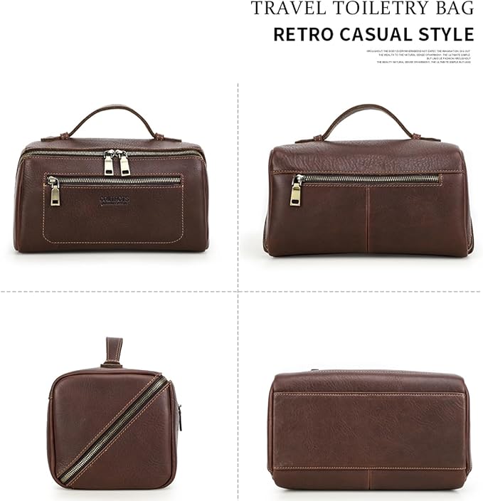CONTACTS Full Grain Leather Travel Toiletry Bag for Men Large Wash Bag with Handle Bathroom Shaving Dopp Kit Toiletries Organizer Vintage Cosmetic Bag - Image 9