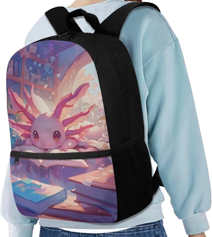 Cute Axolotl Backpack for Kids Girls Backpack with Lunch Box Water Bottle Pouch and Large Pencil Case 4PCS Set 17 inch Bookbag with Front Pocket for School Lightweight Elementary School Bag - Image 2