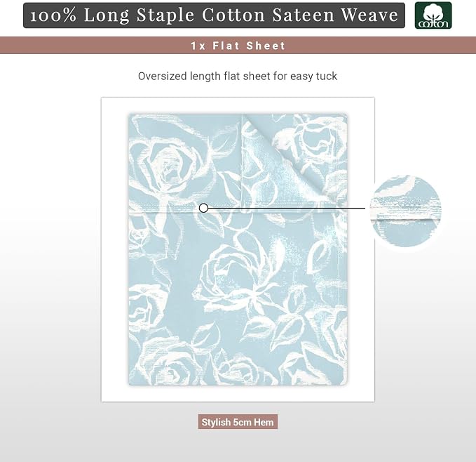 Pizuna Pure 100% Cotton Flat Sheets Only King Blue Simply Floral (1 PC), Luxurious 400 Thread Count Long Staple Cotton Sateen with 4" Hem (Combed King Flat Sheet Only Cotton) - Image 3