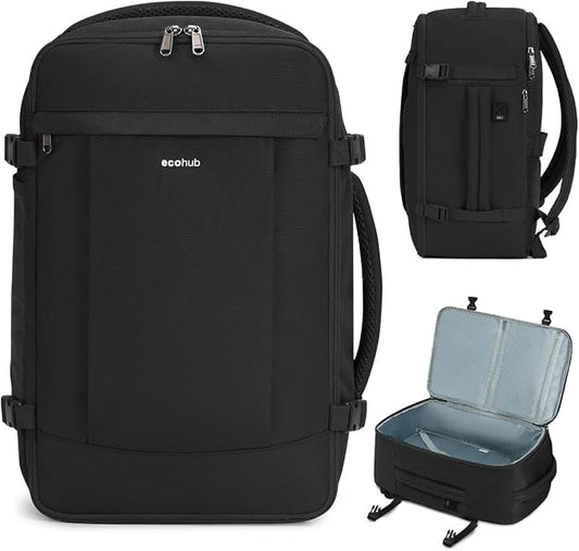 ECOHUB Travel Backpack for Men Women, Carry on Backpack with USB Charging Hole, Spirit Airlines Personal Item Bag Flight Approved, 15.6 Inch Laptop Backpack with Anti Theft Pockets, 30L, Black by ECOHUB