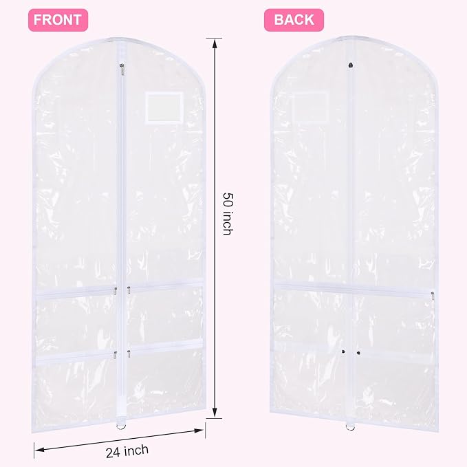 6 Pcs 24'' x 50'' Clear PVC Garment Bag Dance Costume Competition Bag with Rack Zippers Pockets Hanging Garment Covers Costume Organizer Costume Carrier for Adults Kids(Transparent White) - Image 2