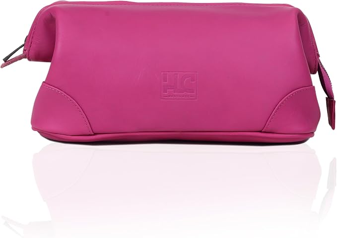 HLC Leather Toiletry Bag for Men Best Gift Premium Genuine Dopp Kit Shaving Kit Organizer Travel Kit Pouch Bag 10 inch Size (Pink) by HLCLeather
