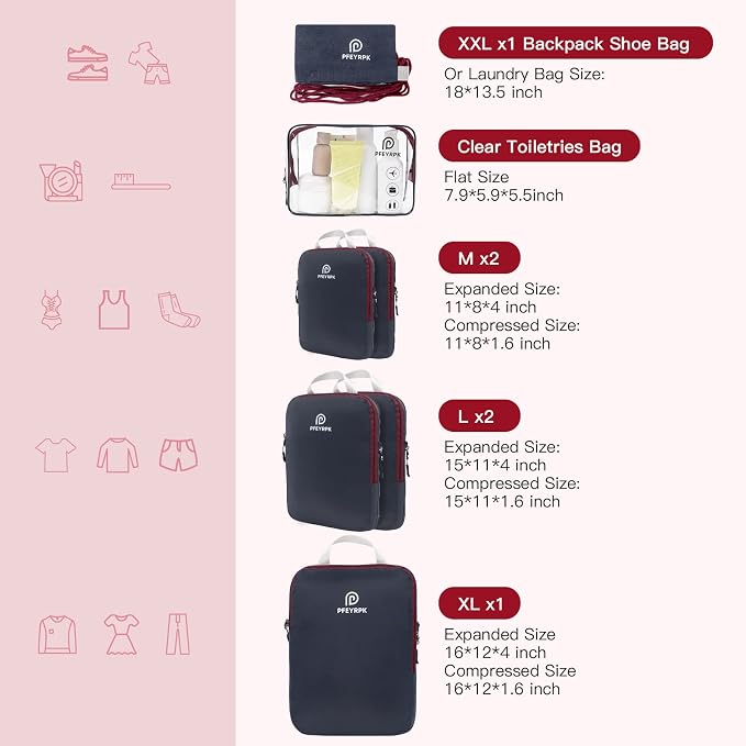 PFEYRPK Lightweight Compression Packing Cubes for Suitcases, Compressible Expandable Travel Packing Organizer with Clear Toiletries and Backpack Bag, Travel Essentials for Carry on Luggage 7 Set - Image 5