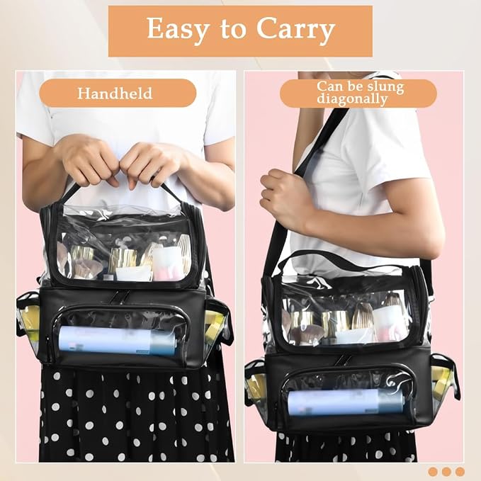 Zibuyu® Makeup Brush Case Clear Waterproof Makeup Organizer Bag with Adjustable Dividers, Multi-Pocket Transparent Vanity Bag for Travel, Artists & Daily Storage, with Handle & Shoulder Strap, Black - Image 6
