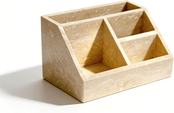 Travertine 4-Compartment Desk Organizer, Beige | Natural travertine with 4 compartments for pens, makeup brushes, skincare bottles, office supplies and vanity items by Unknown