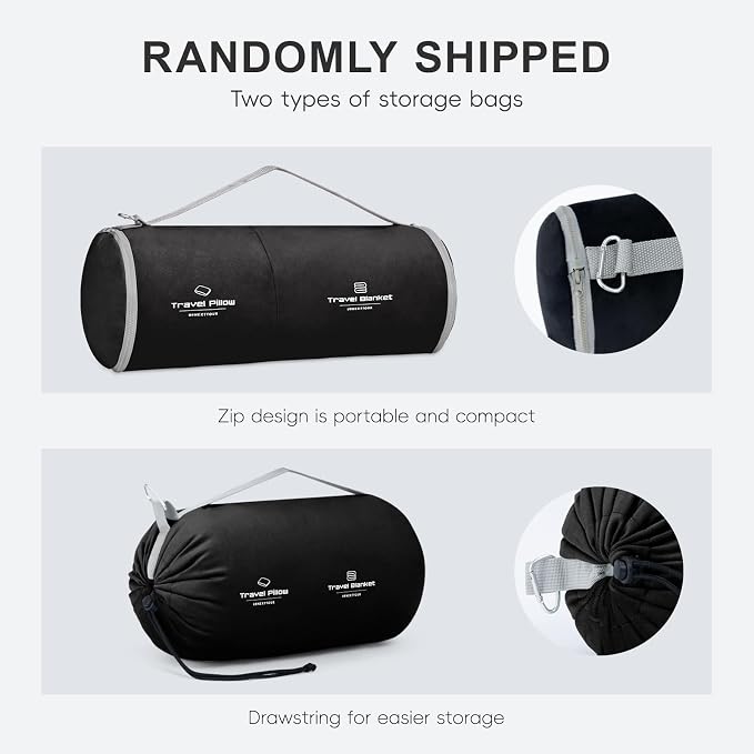 urnexttour Travel Pillow and Blanket Set Neck Pillows Travel Essentials with Sleep Mask for Airplane Car Memory Foam Black - Image 2