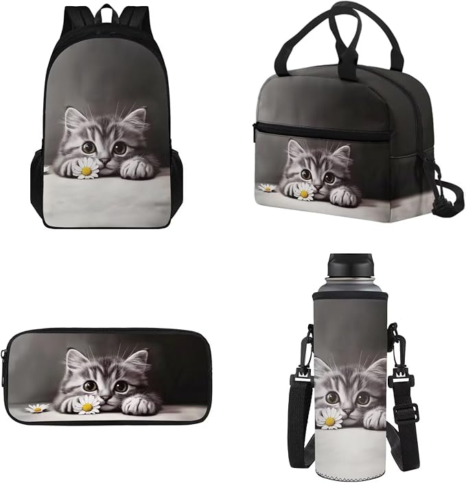 Large Backpack for School 4 Pcs, Cat Daisy Print Teens Bookbag School Book Bag with Insulated Lunch Bag Pencil Case Water Bottle Sling, Back to School Supplies by Tomeusey