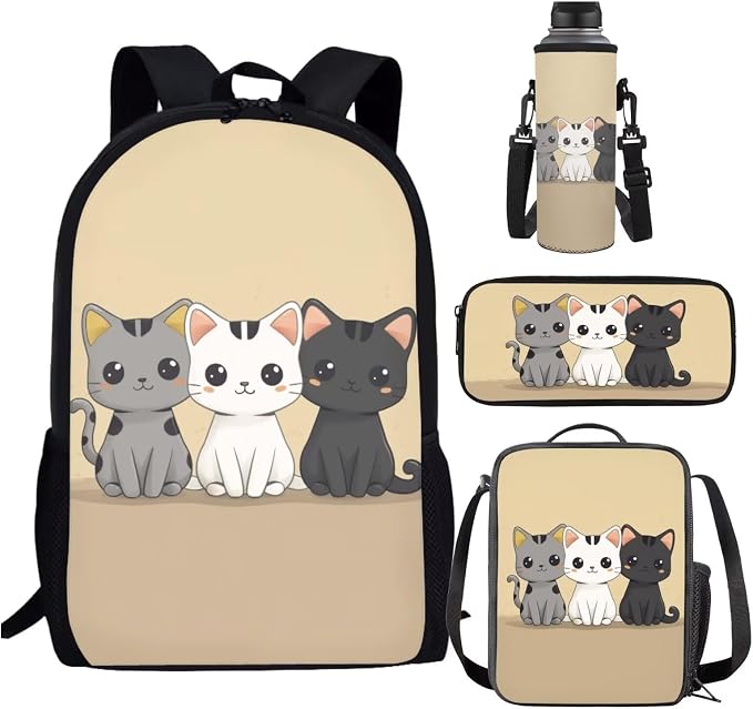 Cute Cat Backpack for Girls 8-10/10-12/12-14 with Lunch Box Middle School Bookbags for 7th Grade Gilrs Back Pack Lunchbox Set Kids Book Bag Lunchbag Student Schoolbag Pencil Case Set by SCRAWLGODDreamWardrobe