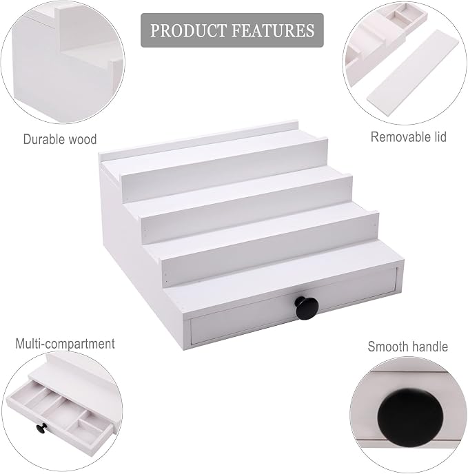 4 Tier White Cologne Organizer, Wooden Display Stand with Drawer Storage | Cologne Shelf and Rack, Perfume Tray, Hidden Storage, Clean Dresser Display, Birthday Christmas Gift for Men - Image 6