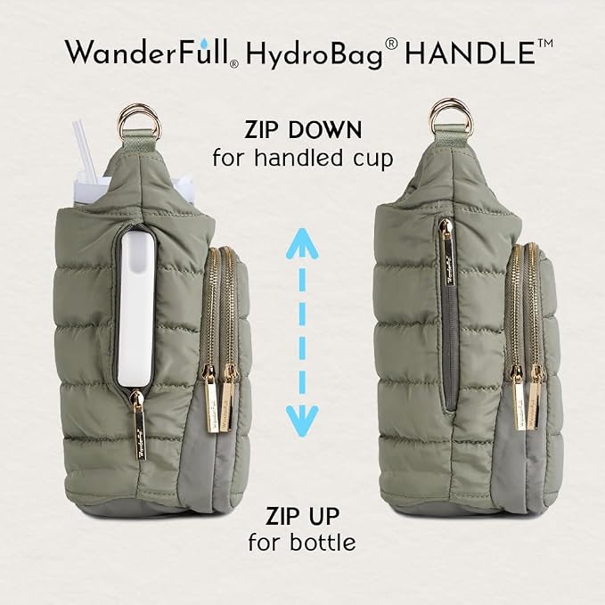 WanderFull Original HydroBag Handle®, Zipper for Handle, 40 oz Water Bottle Holder w/Strap, Crossbody Carrier Bag w/Phone Pocket, Tumbler Accessories - Sage Green w/Vegan Leather Trimmed Strap - Image 5