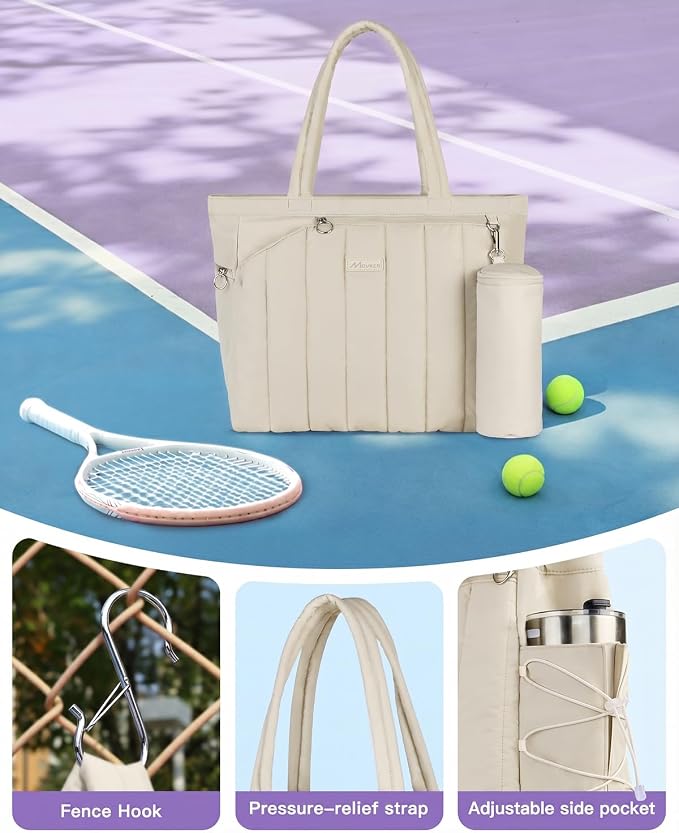 Quilted Tennis Tote Bag for Women Gym Duffle Bag with Shoe Compartment & Wet Pocket Fits 2-4 Rackets and 15.6" Laptop Overnight Weekend Sports Bag with Fence Hook(Large size) - Image 5
