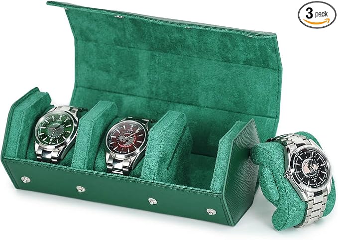 Hiram Genuine Leather Hexagon Watch Roll Travel Case, Leather 3-Watches Roll Case with Removable Pillow Cushion for Treasured Watches and Bracelets -Green by Hiram