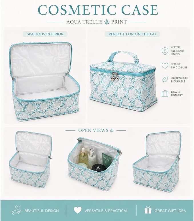 Jacaranda Living Vanity Bag/Train Case - Water-Resistant, PVC-Lined, Easy to Clean, Compact & Travel Ready Makeup Organizer - Aqua Trellis Print - Image 8