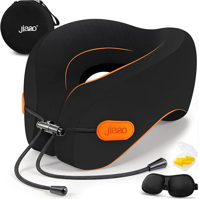 jiaao Travel Pillow Memory Foam Neck Pillow for Airplanes with Adjustable Neck Support, Includes Eye Mask, Earplugs & Storage Bag - Perfect for Flights, Road Trips, and Trains by jiaao