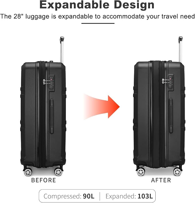 Kono 28 Inch Luggage Expandable Suitcase with Spinner Wheels TSA Lock | Lightweight PC+ABS Hardside Large Checked Luggage Durable Rolling Suitcase Black - Image 3
