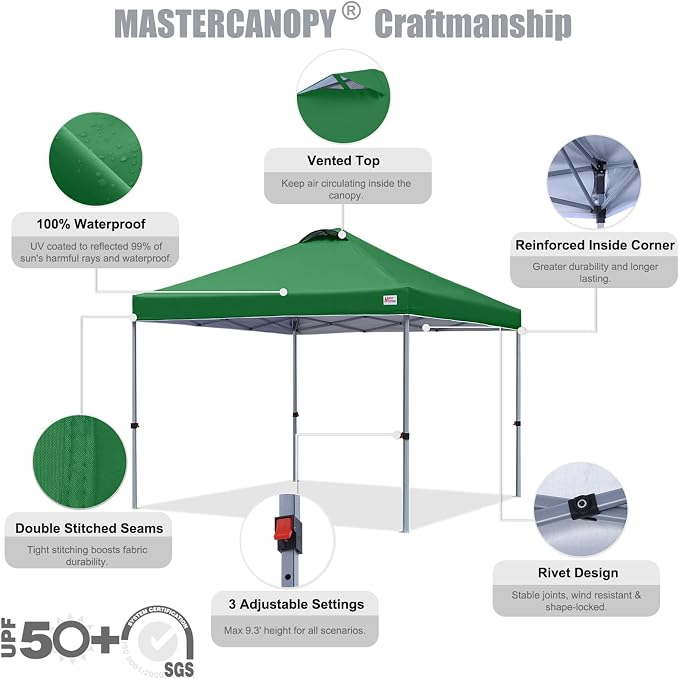 MASTERCANOPY 10x10 Pop Up Canopy Tent, 1 Person Setup Instant Shelter,Outdoor Portable Beach Canopy with Roller Bag, 4 Sandbags, 4 Ropes, 8 Stakes (10x10, Forest Green) - Image 3