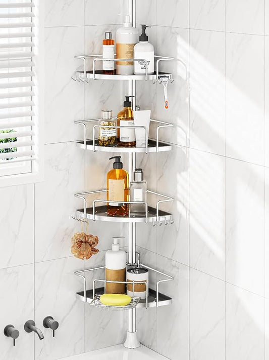 ALLZONE Corner Shower Caddy Tension Pole, 4 Hang-On Basket with Mixed-Height Shelves for Various Bottle Sizes, Extra Hooks & Soap Holder, Rustproof Stainless Steel, Fits 34–116 Inch, Silver/Dark Gray by ALLZONE