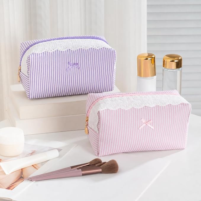 Makeup Bag Travel Toiletry Bag for Women, Small Cosmetic Bags with Lace Trim Cute Pink Stripe Aesthetic Organizer Makeup Pouch for Purse Emergency Bag Pencil Case Accessory Bag - Image 7