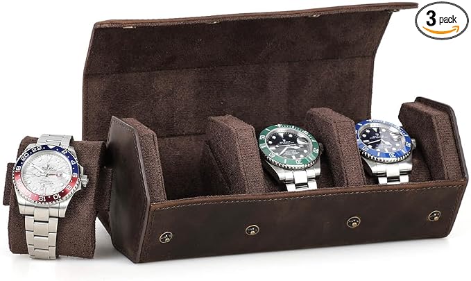 Hiram Genuine Leather Hexagon Watch Roll Travel Case, Leather 3-Watches Roll Case with Removable Pillow Cushion for Treasured Watches and Bracelets by Hiram