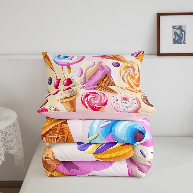 Erosebridal Girls Donuts Comforter Set Queen Size, Dessert Sweet Down Comforter for Kids Children Boys, Ice Cream Girly Pink Duvet Insert Cherry Cake Girly Flower Bedding Comforters for Bedroom - Image 5