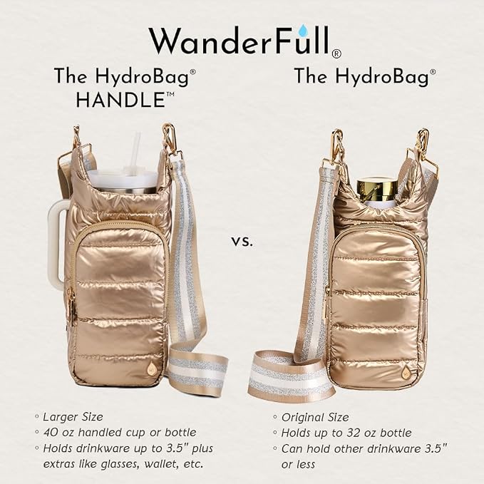 WanderFull Original HydroBag HANDLE®, Zipper for Handle, 40 oz Water Bottle Holder w/Strap, Crossbody Carrier Bag w/Phone Pocket, Tumbler Accessories - Gold Shiny w/Striped Strap - Image 5