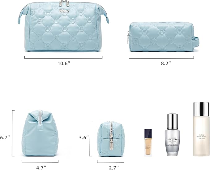 BOYATU Travel Makeup Bag Cosmetic Pouch: 2 Pcs Set Waterproof Vegan Leather Cosmetic Bags for Women - Cute Quilted Skincare Make up Toiletry Bag for Girl (04-Blue) - Image 6