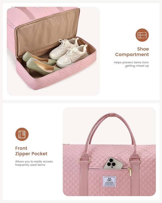 LOVEVOOK Convertible Garment Bag for Travel with Shoe Pouch, Carry On Garment Duffel Bag with Toiletry Bag, 2 in 1 Hanging Suitcase Suit Bag, Weekender Bag for Women Travel, Wedding, Pink - Image 5