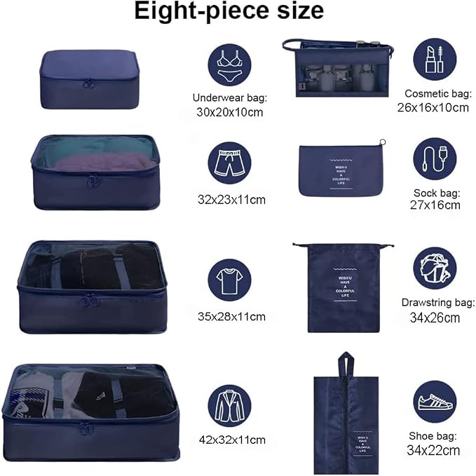 8 Pcs Packing Cubes, Travel Luggage Organizer for Men and Women, Toiletry Bag, Packing Cubes for Travel - Set of 8, 1.Navy Blue, 8 Pieces Set, Travel Accessories - Image 2