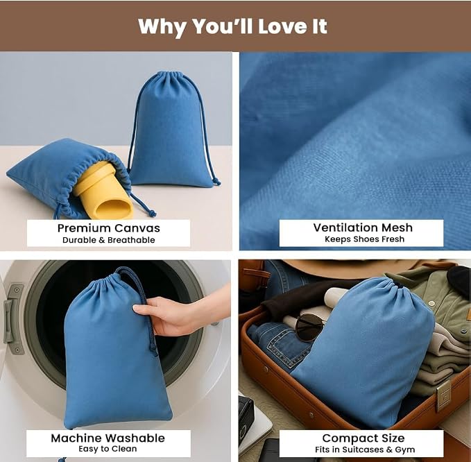 LFH Cotton Rich Shoe Storage Bags with Drawstring, Dustproof Breathable Reusable Organizer, Perfect For Travel, Dorm, Hotel, College, Gym, Easy to Carry, Machine Washable 8"x17" (Pack of 2) - Sky Blue - Image 3