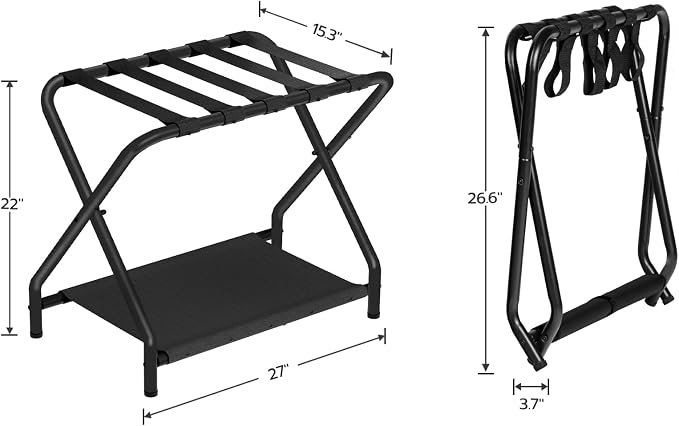 HOOBRO Luggage Rack, Folding Suitcase Stand with Fabric Storage Shelf for Guest Room, Bedroom, Hotel, Holds up to 100 lb, 27 x 15.3 x 22 Inches, Space Saving, Black BK04XL01 - Image 5