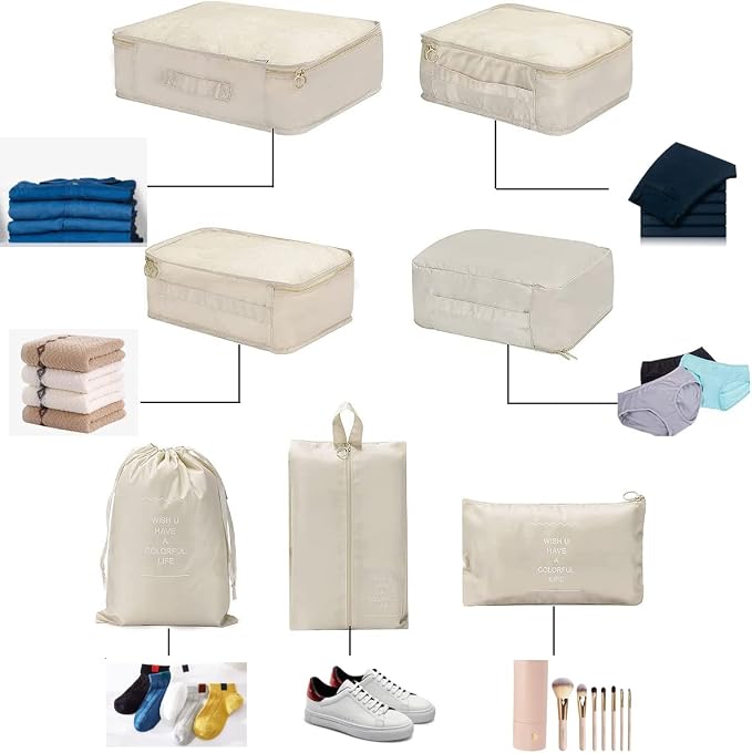 Travel organizer 7 in 1 Packing Cube For Travel Space Saver Laundry Cosmetics Luggage makeup Bag Organizers Set with Shoe Bag for travel (Beige) - Image 2