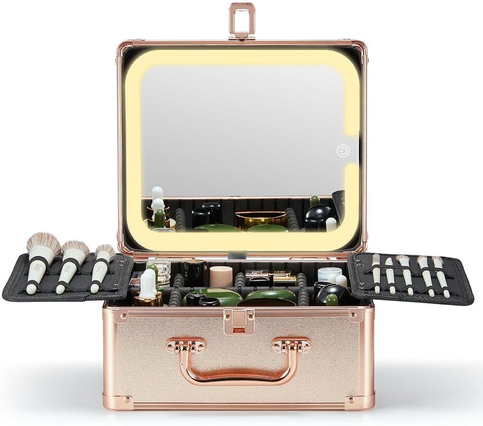 Qislee Makeup Box with A Detachable Lighted Mirror, Waterproof Travel Train Case, Cosmetic Organizer and Makeup Suitcase with Adjustable Dividers, Magnetic LED Mirror(Rose Gold) | Makeup Organizer, Cosmetic Travel Bag for Women, Adjustable Dividers, Br... by Qislee